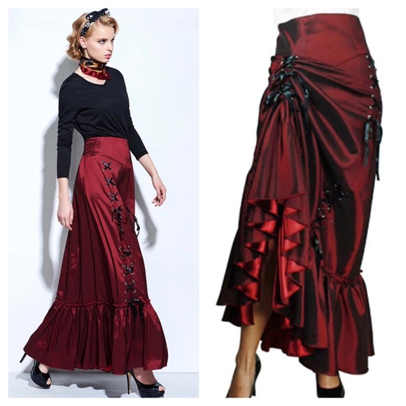 Dresses & Skirts - Red Silky Lace Up Trumpet Skirt